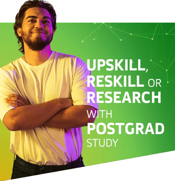Man standing proud with arms crossed. Upskill, reskill or research with postgraduate study.