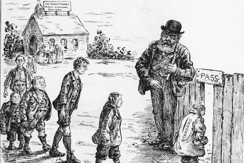 the educational misfit clothing factory An old cartoon that depicts children of different sizes being asked to pass through an opening in a fence that many won't fit through.