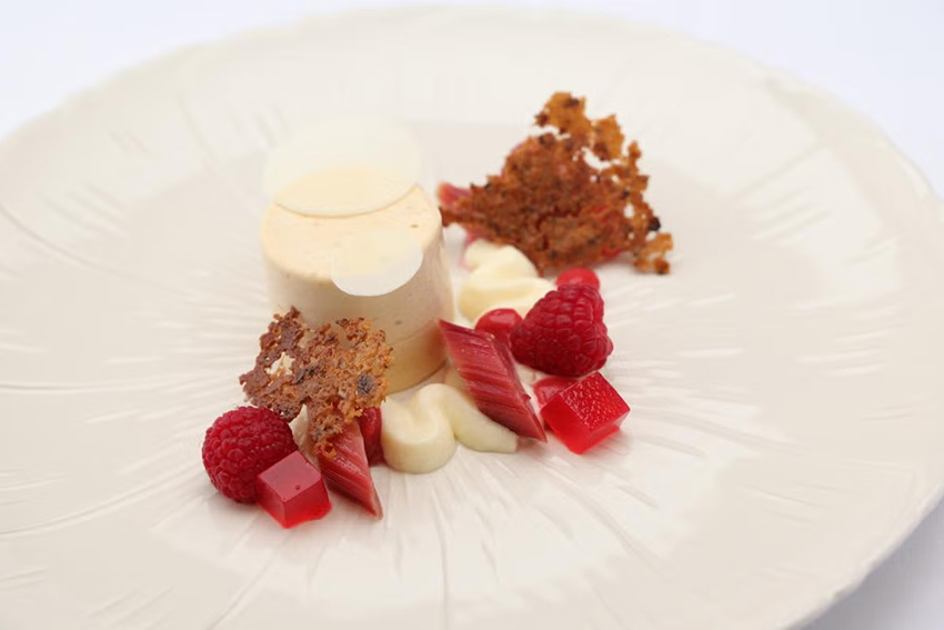 A white plate with red, white and brown dessert on it: toasted oat semifreddo, white chocolate namelaka, poached rhubarb, raspberry and oat crisp.