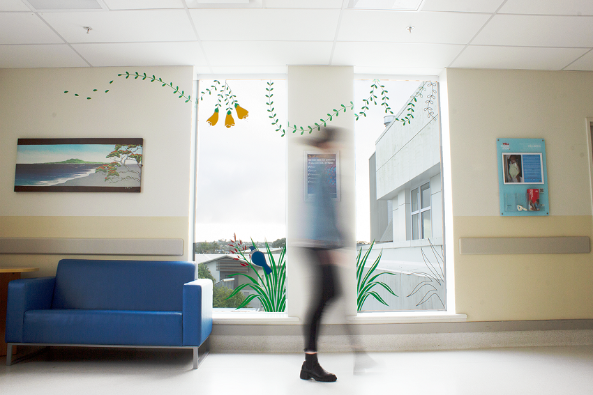 Decal of flowers and birds in hospital
