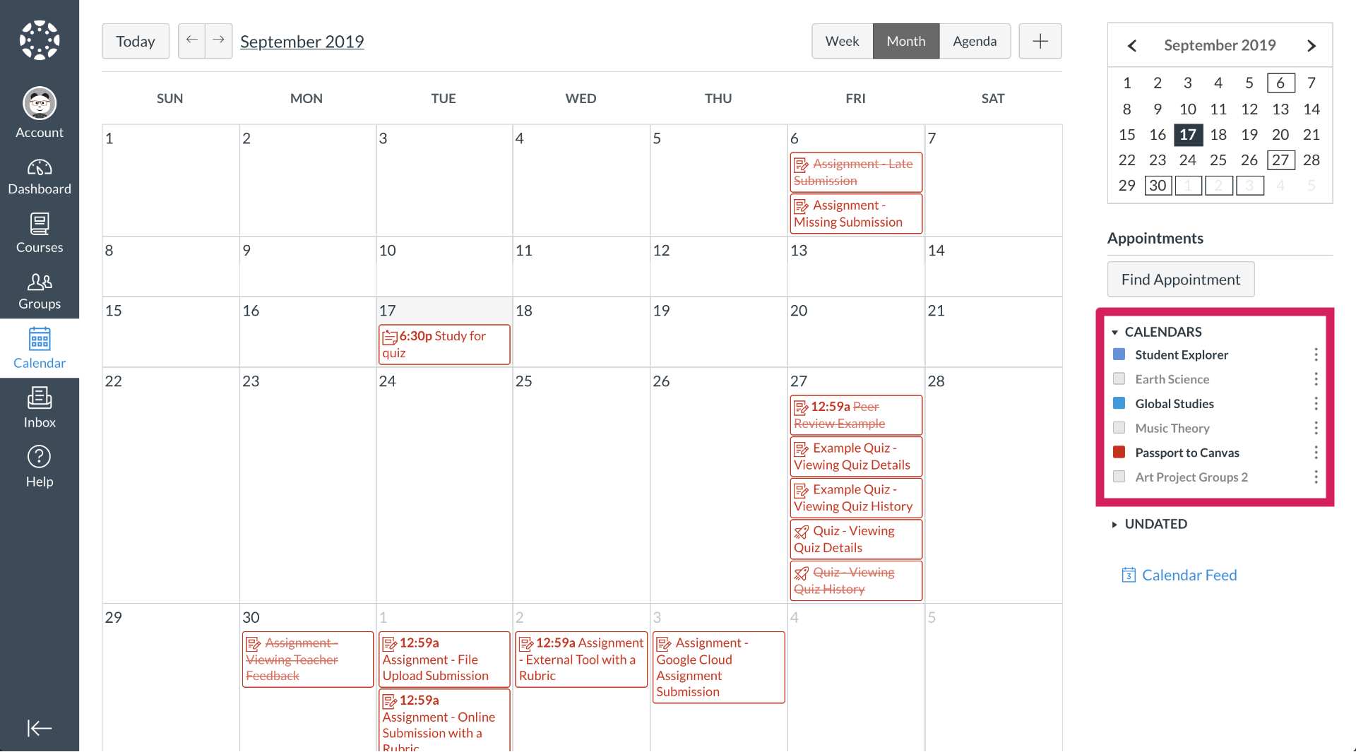 Viewing calendar list example