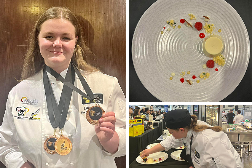A composite image of Lilly with her medals, her desert dish and Lilly competing.