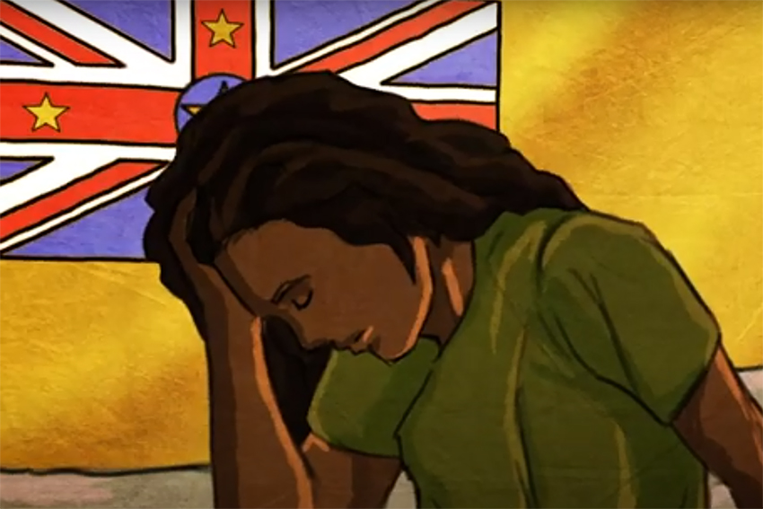Screenshot from AUT's Niue Language Week video showing a woman waking up with her hand on her head, in front of the Niuean flag.