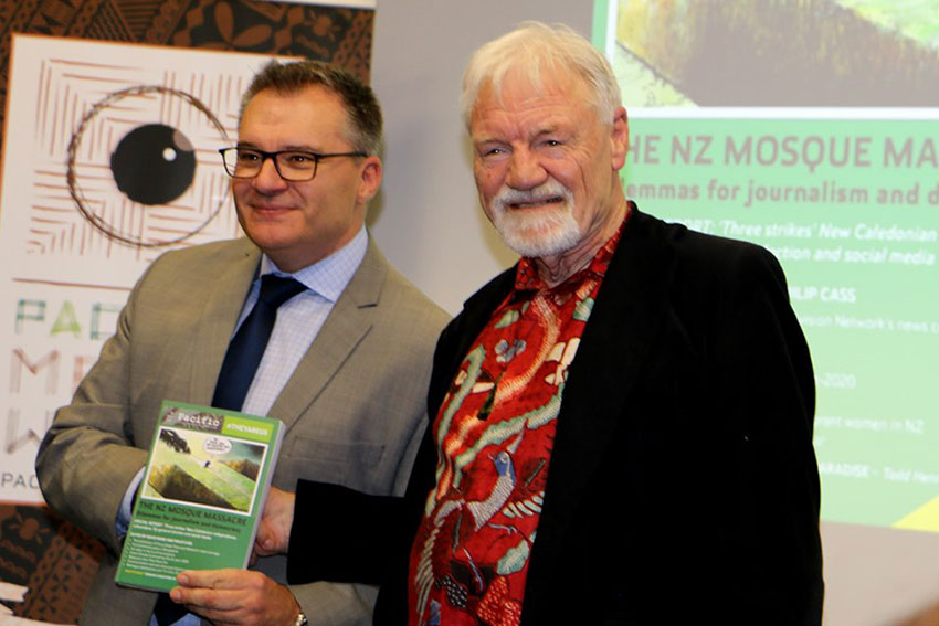 Pro Vice-Chancellor and Dean of Design and Creative Industries, Professor Guy Littlefair and Pacific Journalism Review editor Professor David Robie at the recent launch at Auckland University of Technology. 