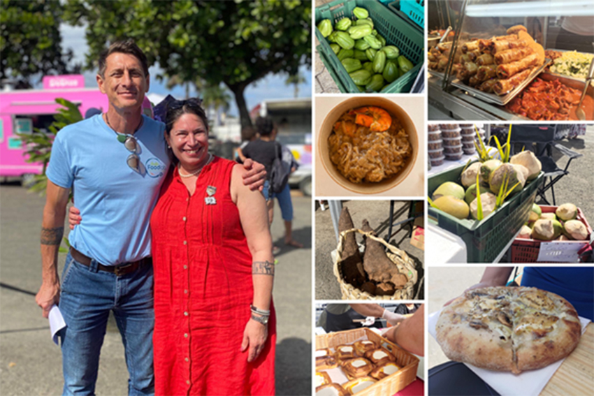 A split image, with Gabi and Tracy smiling at left, and at right 7 photos with different foods.