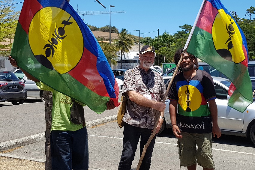 Professor David Robie with Kanak 'independence' flags