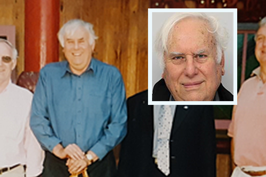 An old photograph of Peter Harwood smiling with a walking stick and others in front of AUT's marae, inset with a photo of his face.