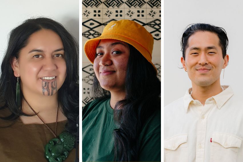 School of Art and Design graduates Tia Barrett and ‘Uhila Moe Langi Nai (Master of Visual Arts) and Sung Hwan ‘Bobby’ Park (Bachelor of Design)