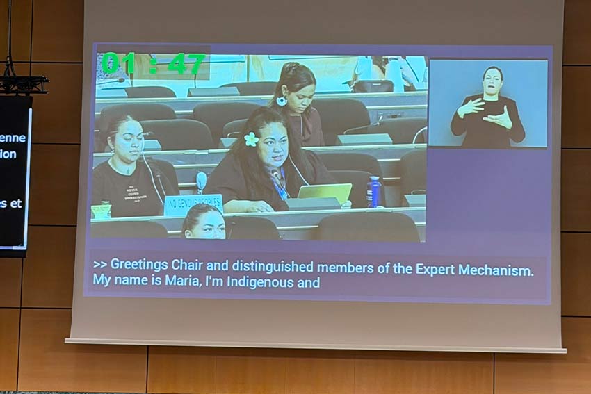 An AUT student is presenting at the UN - on the large video wall