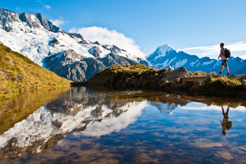 Stock photo of mountains, a river and a tramper.