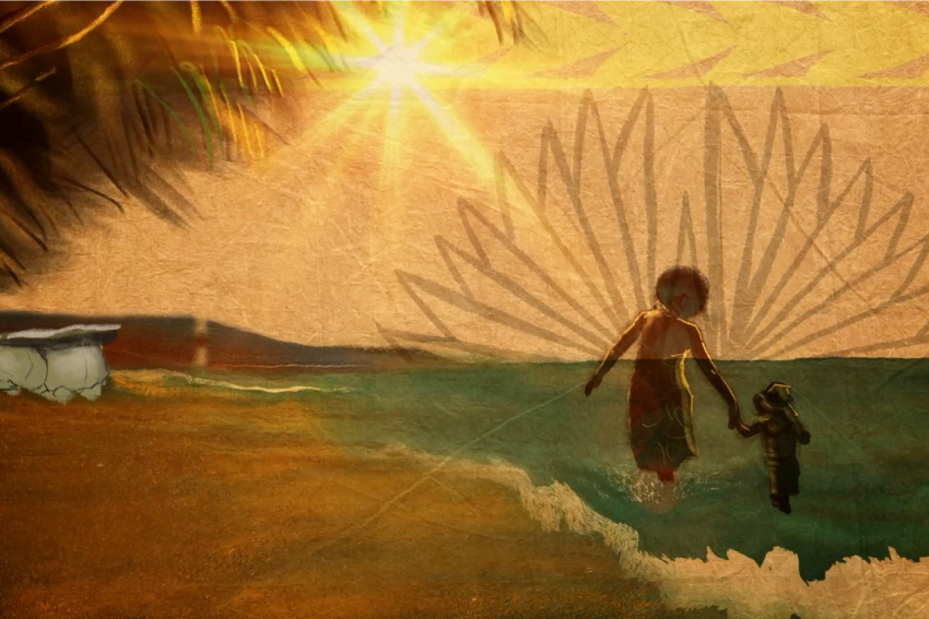 Screenshot of AUT's Rotuman Language Week video showing a mother and child walking through the surf on Ratuma.