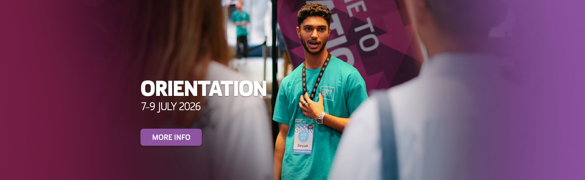 AUT Student at orientation banner