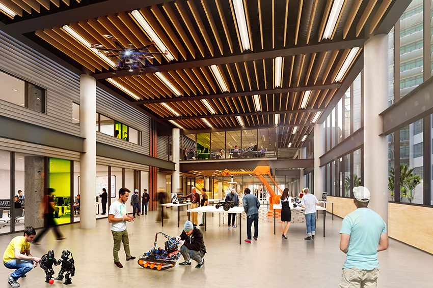 The new Engineering, Design and Technology building includes sustainability features like low-energy light fittings.