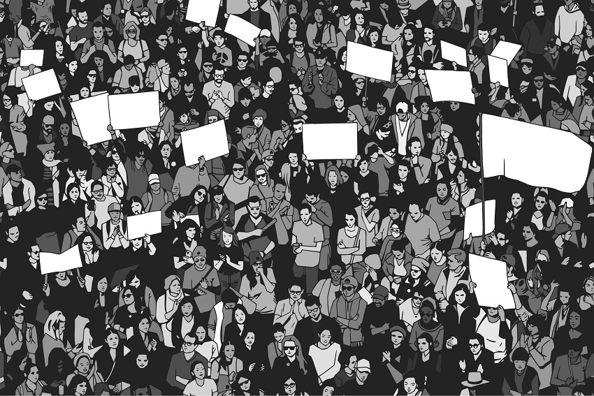 Black and white cartoon picture of many people protesting.