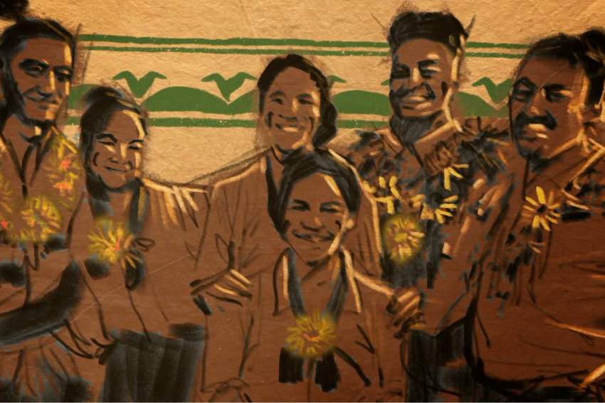 Screenshot of AUT's Rotuman Language Week video showing six smiling people from Rotuma wearing tradition garlands.