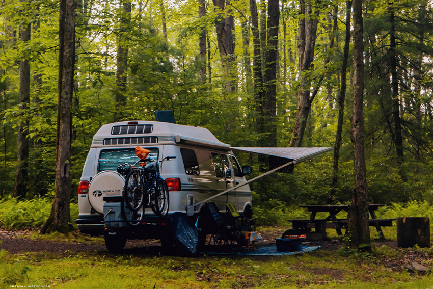 Campervan in forest