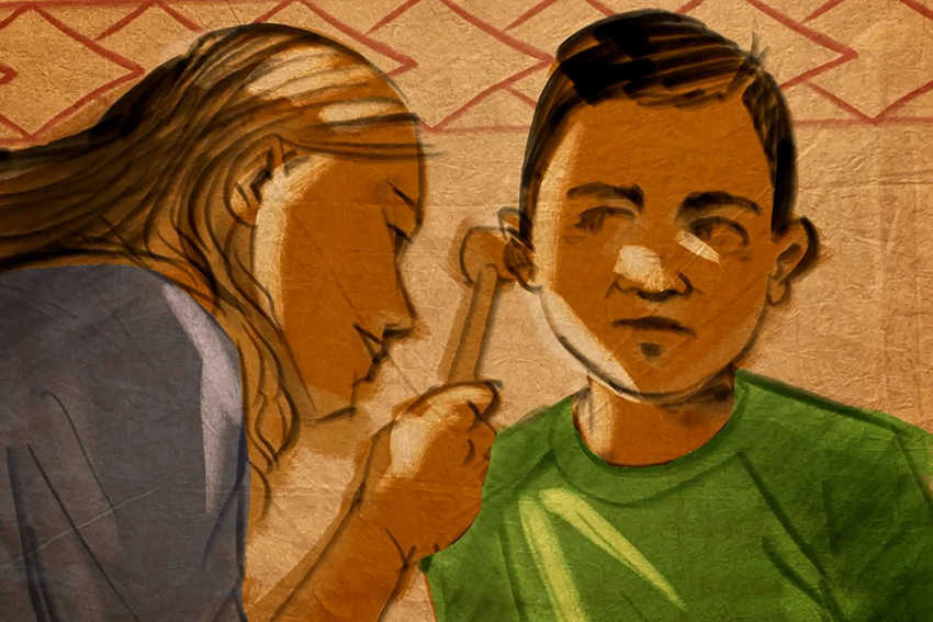 Cartoon depiction of a health professional checking a child's ear.