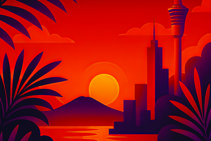 Te Ao Pūtahi 850x567 Artwork for Te Ao Pūtahi. Red and orang hues, showing the sun rising over Rangitoto and the city of Auckland.