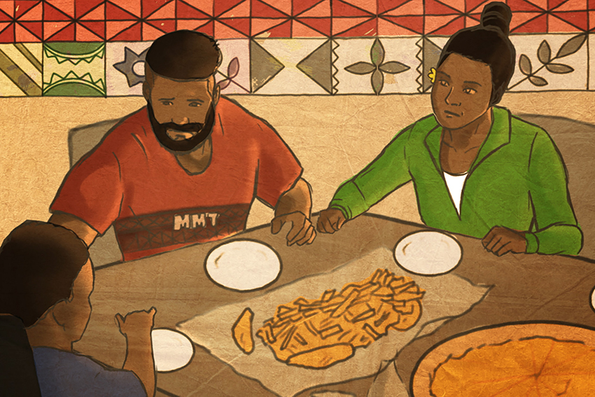 Screenshot of the AUT video, showing a Tongan family eating a meal around a table.