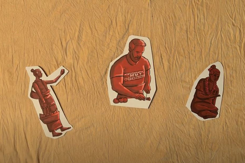 Screenshot of the video showing magazine style cartoon cutouts of Tongan people of different ages.