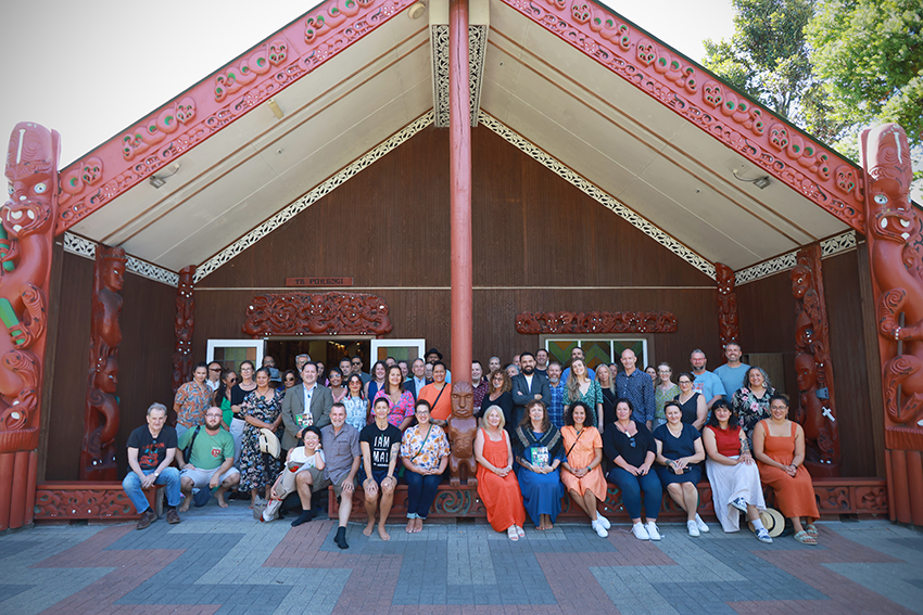 The people who attended the book launch, out the front of AUT's wharenui.