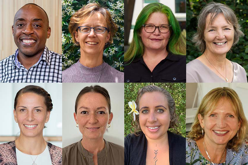 Researchers as pictured Top row, Left to Right: Dr Tago Mharapara, Dr Janine Clemons, Assoc. Prof. Katherine Ravenswood, Dr Lesley Dixon. Bottom row, Left to Right: Dr Nimbus Staniland, Mrs Stacey Gillard-Tito, Ms Talei Jackson, Prof. Gill Kirton.