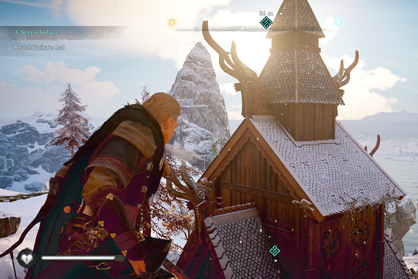 A screenshot from Assassin's Creed, showing an assassin decending on a wooden building in winter.