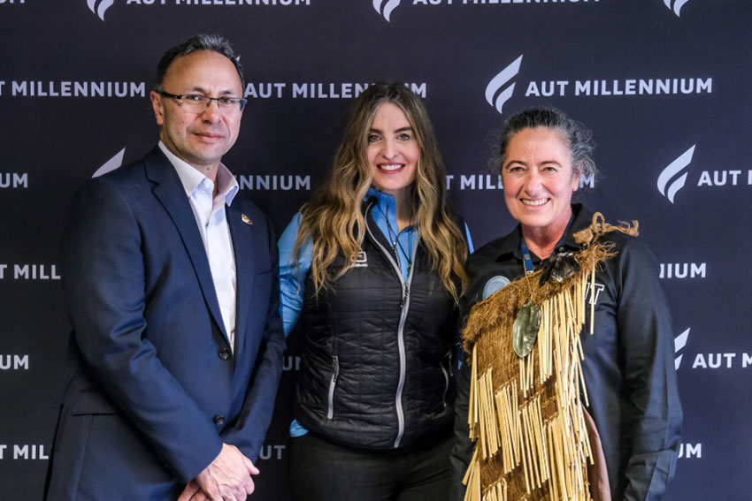 At the launch of the AUT Women's Health and Neuroscience research programme with AUT Vice Chancellor Damon Salesa (left), Medical Director in Abbott’s diagnostics business Dr Beth McQuiston, and AUT Professor Patria Hume posing for image.