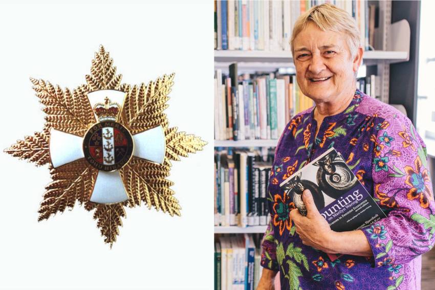 A combination photograph of the insignia for the Dames Companion of The New Zealand Order of Merit and a picture of Professor Marilyn Waring holding her book The Political Years.