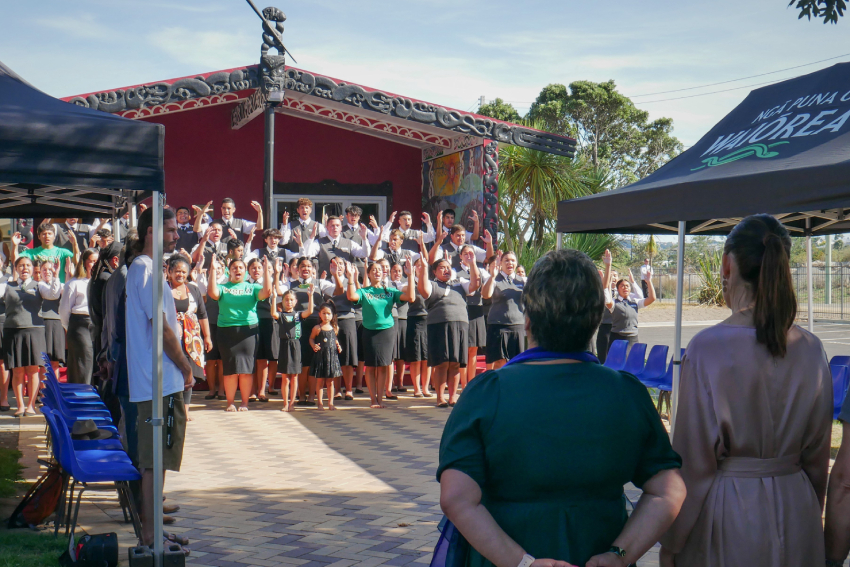 New Zealand PM Jacinda Ardern is welcomed onto Western Springs College - Ngā Puna o Waiōrea.