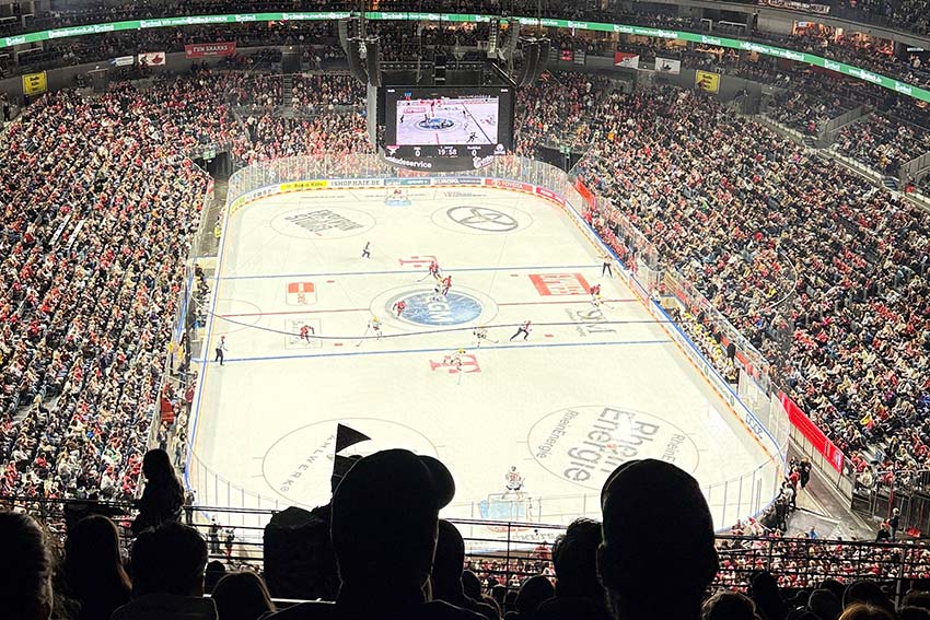 A hockey game taken from far away