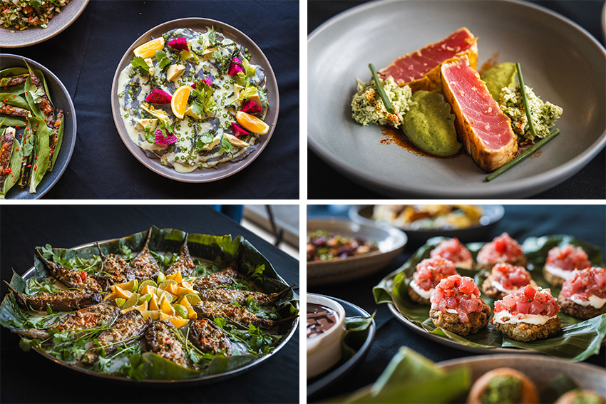 Four Pacific-inspired dishes, including colourful seafood plates, seared fish with green sauce, and small bites topped with diced raw fish.