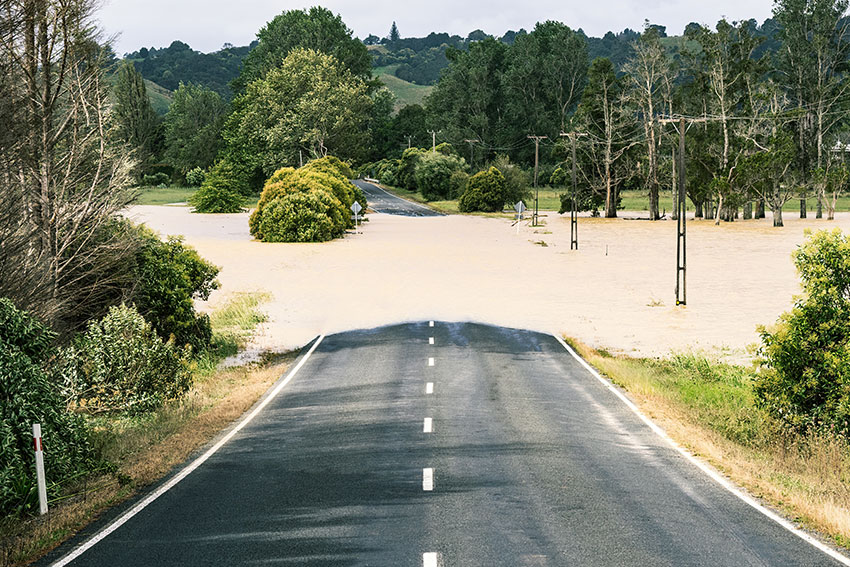 Flooded rural road during cyclone Gabrielle