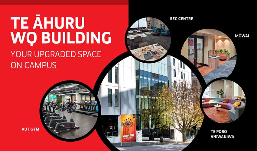 An image with a number of circles demonstrating the facilities within AUT's WQ building